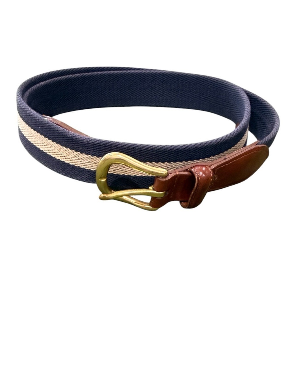Coach Natural Canvas Belt with Navy and Tan Stripes and Brown Leather 40”
